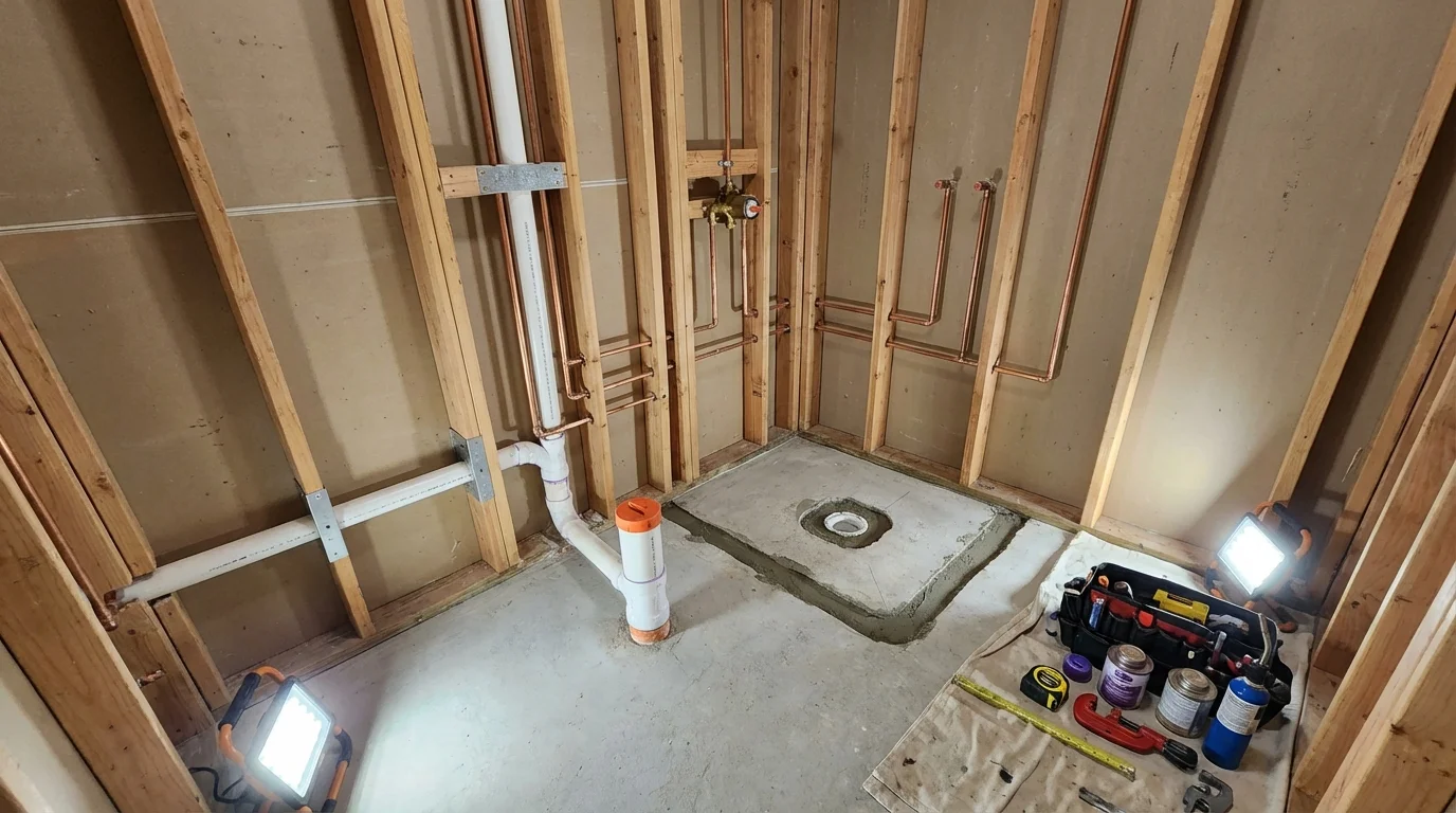Bathroom rough-in plumbing during remodel by Johns Plumbing LLC in Winlock