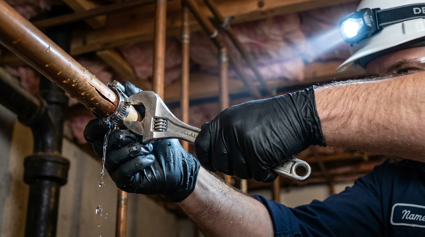 Emergency pipe clamp repair being performed by a Johns Plumbing LLC plumber in Winlock