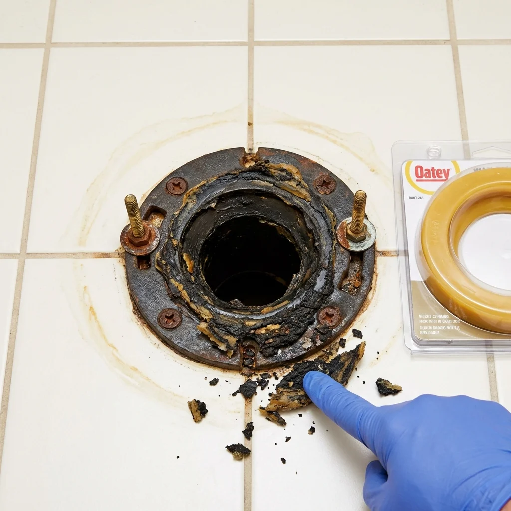 Failed wax ring showing water seepage at the base of a toilet in a Winlock, WA home
